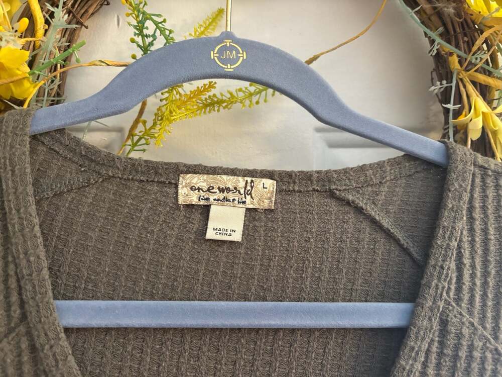 One World Live and Let Live Women's Olive Waffle Knit Henley Tunic with Crochet - Picture 3 of 4